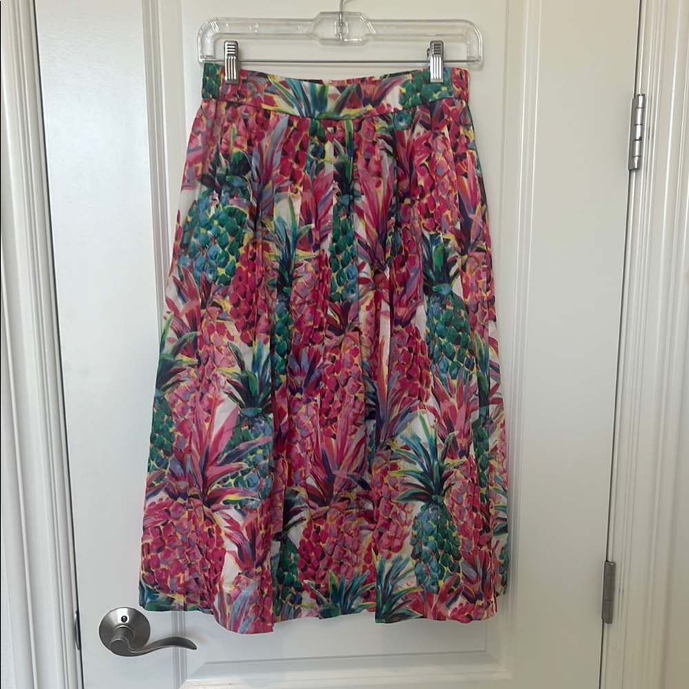 J. Crew Pink and Green Pleated A-Line Midi Skirt